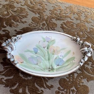 Handmade clay platter with lovely handle detail and signed by artist 15” x 8.5”